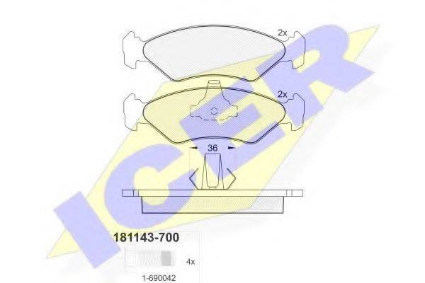 Комплект тормозных колодок, дисковый тормоз ICER 181143-700