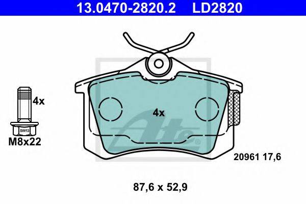 Комплект тормозных колодок, дисковый тормоз ATE 13.0470-2820.2