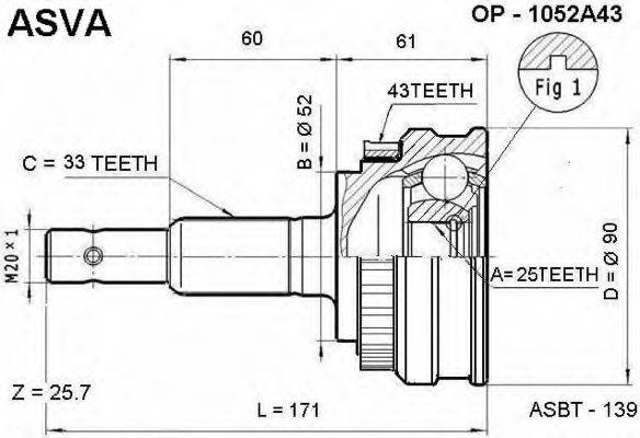 ASVA OP1052A43 Шарнирный комплект, приводной вал
