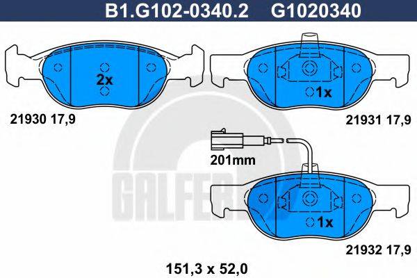 Комплект тормозных колодок, дисковый тормоз GALFER B1.G102-0340.2