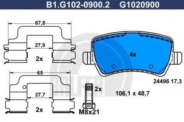 Комплект тормозных колодок, дисковый тормоз GALFER B1.G102-0900.2