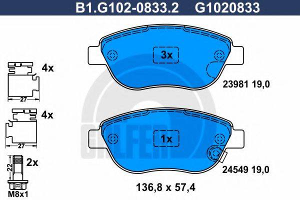 Комплект тормозных колодок, дисковый тормоз GALFER B1.G102-0833.2