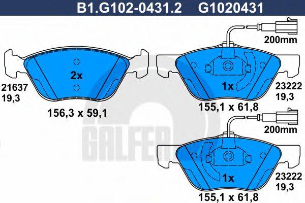Комплект тормозных колодок, дисковый тормоз GALFER B1.G102-0431.2