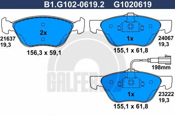 Комплект тормозных колодок, дисковый тормоз GALFER B1.G102-0619.2