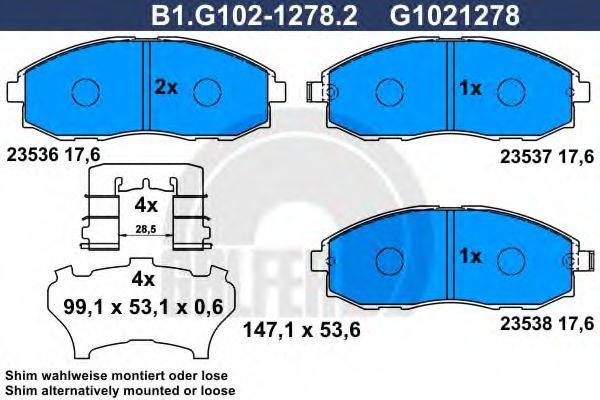 Комплект тормозных колодок, дисковый тормоз GALFER B1.G102-1278.2