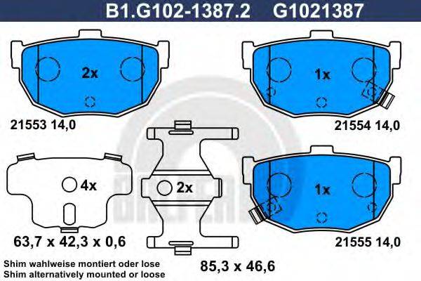 Комплект тормозных колодок, дисковый тормоз GALFER B1.G102-1387.2
