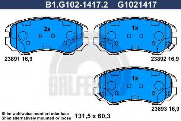 Комплект тормозных колодок, дисковый тормоз GALFER B1.G102-1417.2