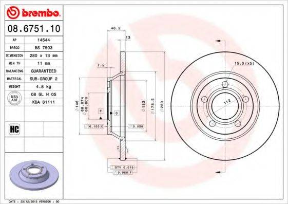 Тормозной диск BREMBO 08.6751.10