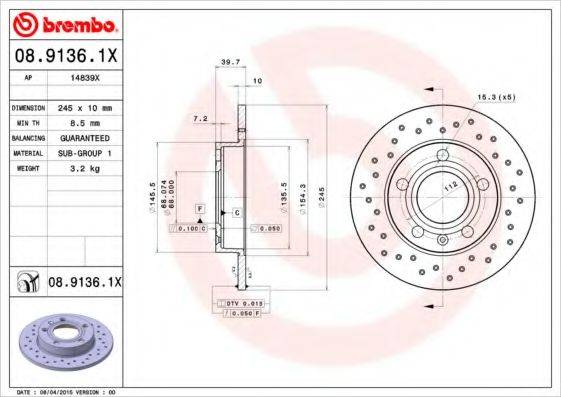 Тормозной диск BREMBO 08.9136.1X
