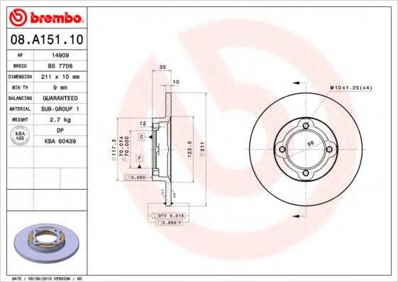 BREMBO 08A15110 Тормозной диск