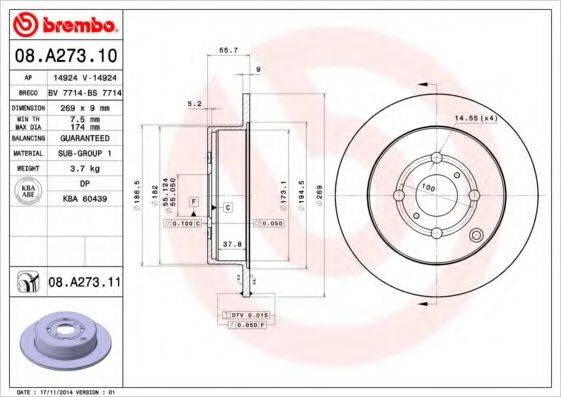 BREMBO 08A27311 Тормозной диск