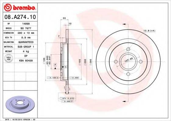 BREMBO 08A27410 Тормозной диск