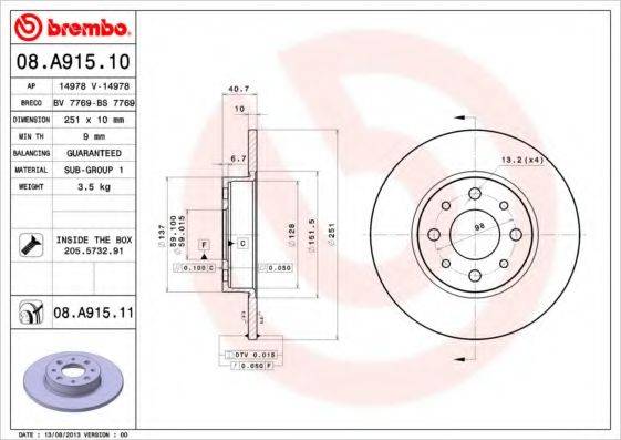 Тормозной диск BREMBO 08.A915.10