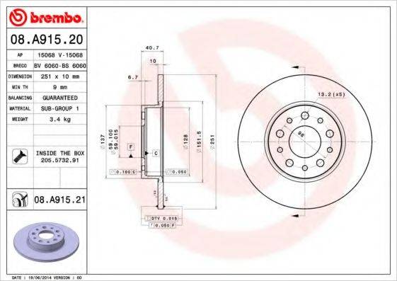BREMBO 08A91520 Тормозной диск