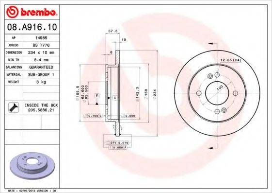 Тормозной диск BREMBO 08.A916.10