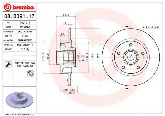 Тормозной диск BREMBO 08.B391.17
