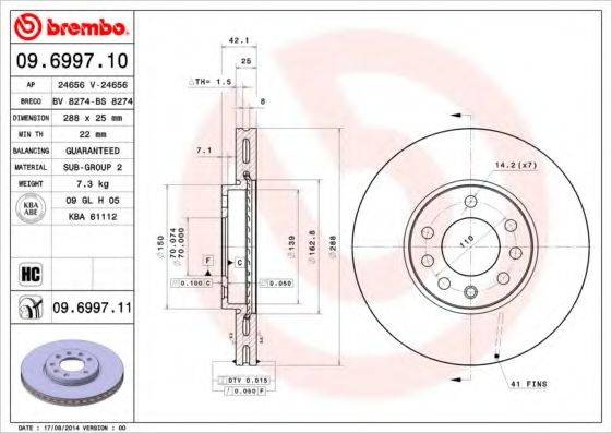 Тормозной диск BREMBO 09.6997.10