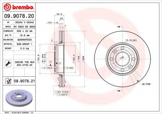 Тормозной диск BREMBO 09.9078.21