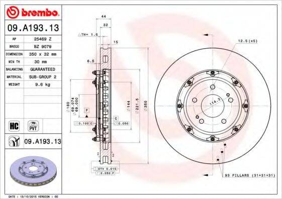 BREMBO 09A19313 Тормозной диск