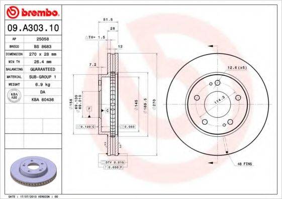 BREMBO 09A30310 Тормозной диск