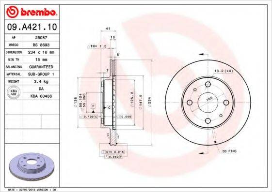 BREMBO 09A42110 Тормозной диск