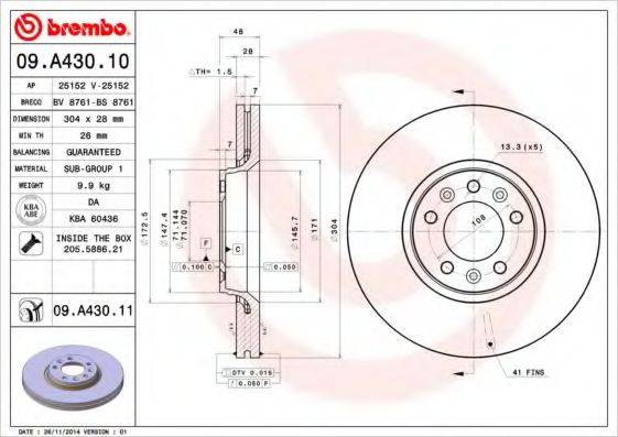 BREMBO 09A43010 Тормозной диск