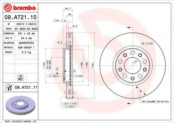 BREMBO 09A72110 Тормозной диск