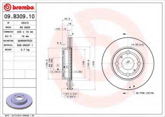BREMBO 09B30910 Тормозной диск